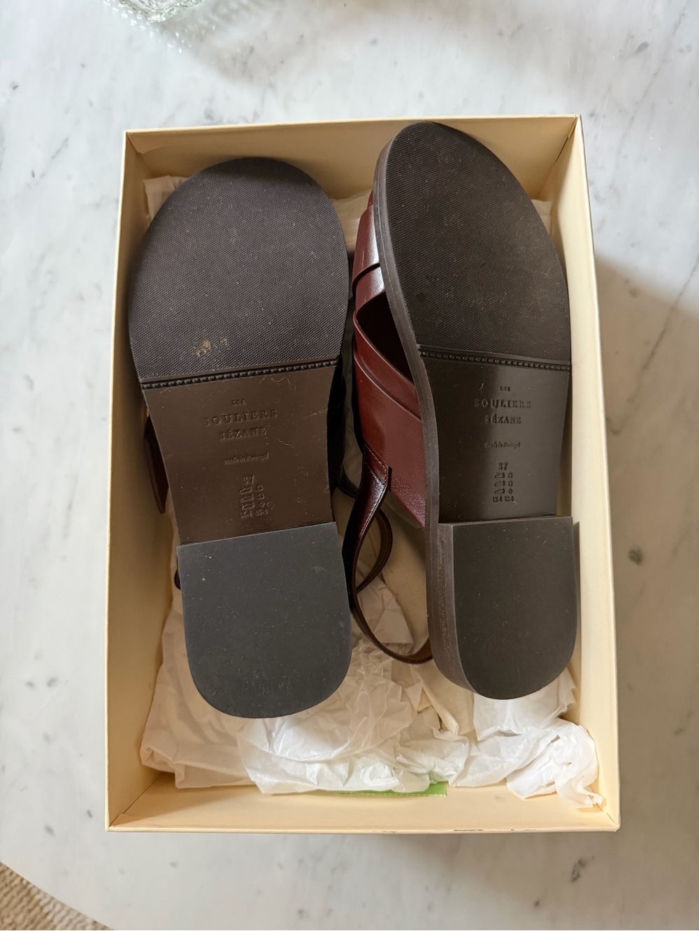 Sézane Low Blandine Chocolate Leather Cross-Strap Sandals with Gold Buckle - Picture 7 of 8
